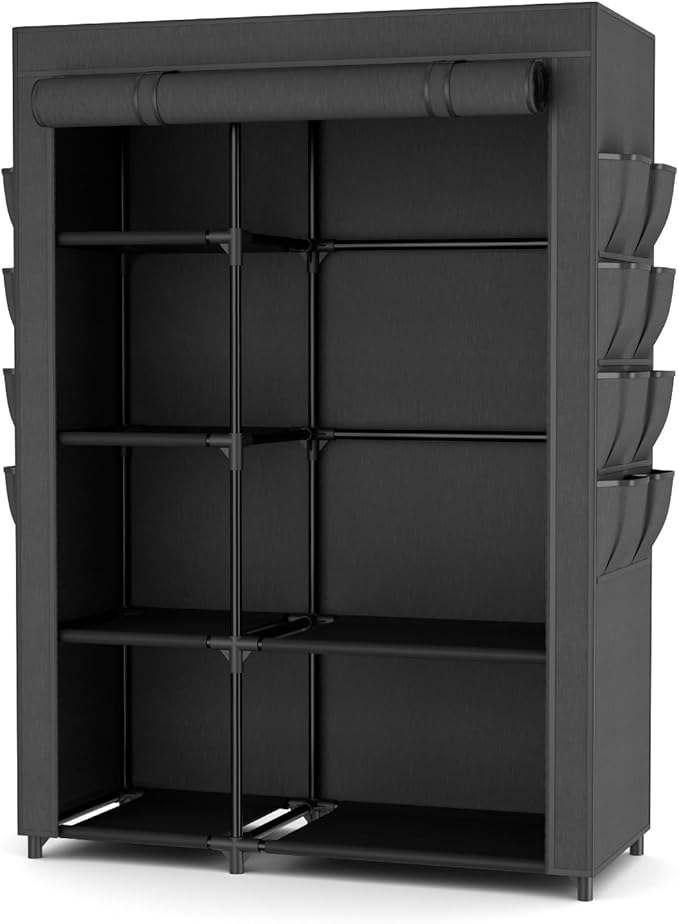 Portable Closets for Hanging Clothes, Wardrobe Closet with Hanging Rod and Clothing Storage Shelves, 8 Side Pockets, Free Standing Clothes Rack with Cover, for Bedroom and Dorm, Black