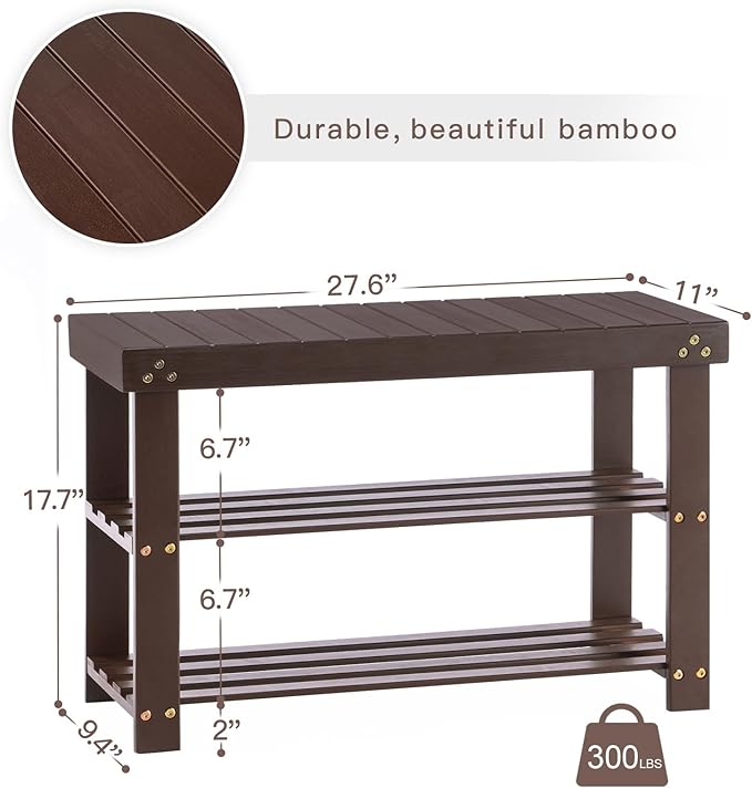 Apicizon Bamboo Shoe Rack for Entryway, 3-Tier Shoe Rack Bench for Front Indoor Entrance, Small Shoe Organizer with Storage, Dark Brown