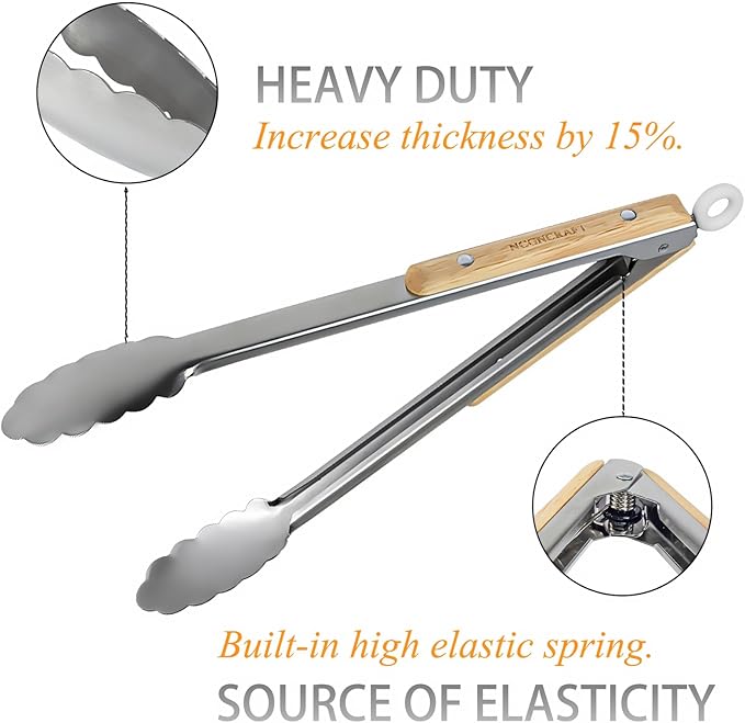 Stainless Steel Kitchen Tongs with Oak Wood Handle - Heat Resistant, Heavy Duty Locking Tongs for Cooking, BBQ, Salad, and Serving - Set of 2 (9" and 12") - Dishwasher Safe, Food Grade, No Rubber