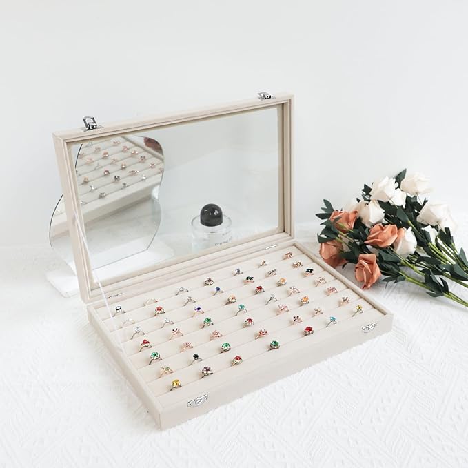 Wudygirl Ring Display with Clear Lid Organizer and Showcase Rings Box with 7 Slots Jewelry Tray for Drawer Velvet Rings Holder Accessories Storage (Beige Velvet)