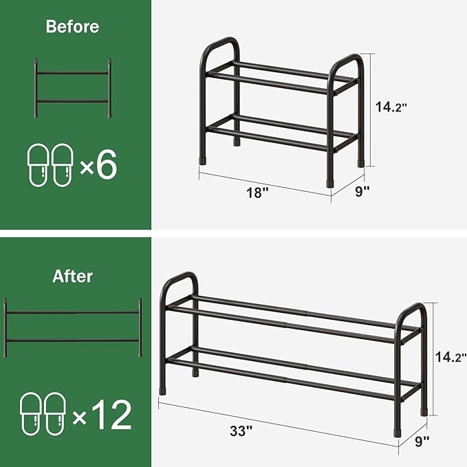 2-Tier Shoe Rack for Closet, Expandable Metal Shoe Organizer, Adjustable Shoe Shelf Storage Organizer, Standing Shoe Rack for Entryway Closet Doorway