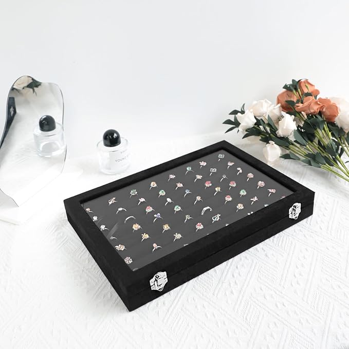 Wudygirl 7 Slot Ring Holder Organizer Display Tray for Rings And Jewelry Storage Velvet Ring Box with Multiple Slots Rings Organizer and Jewelry Showcase (Black Velvet)