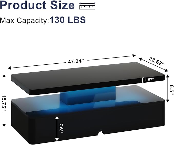 MXV Modern Coffee Table, 47 Inches Coffee Tables with 16 Colors LED Lights, 2 Tier Rectangular Center Table, Large Storage Space, High Glossy Wooden Tea Table for Living Room, Bedroom, Office, Black