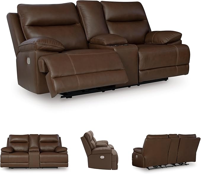 Signature Design by Ashley VonRyan Modern Leather Match Power Reclining Loveseat with USB Ports, Dark Brown