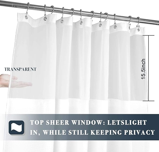 N&Y HOME Long Waffle Weave Shower Curtain with Snap-in Fabric Liner and 12 Hooks Set - 71" x 78", Hotel Style & Mesh Top Window, Machine Washable, Water Repellent - 71x78, White