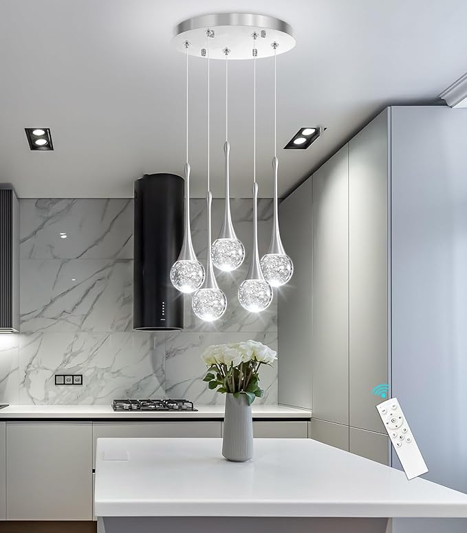 cenzoz 5-Lights Modern Pendant Lights for Kitchen Island LED Dimmable Chandelier Crystal Glam Ceiling Pendant Lighting for Dining Room Hallway Bedroom Lamp Brushed Nickel