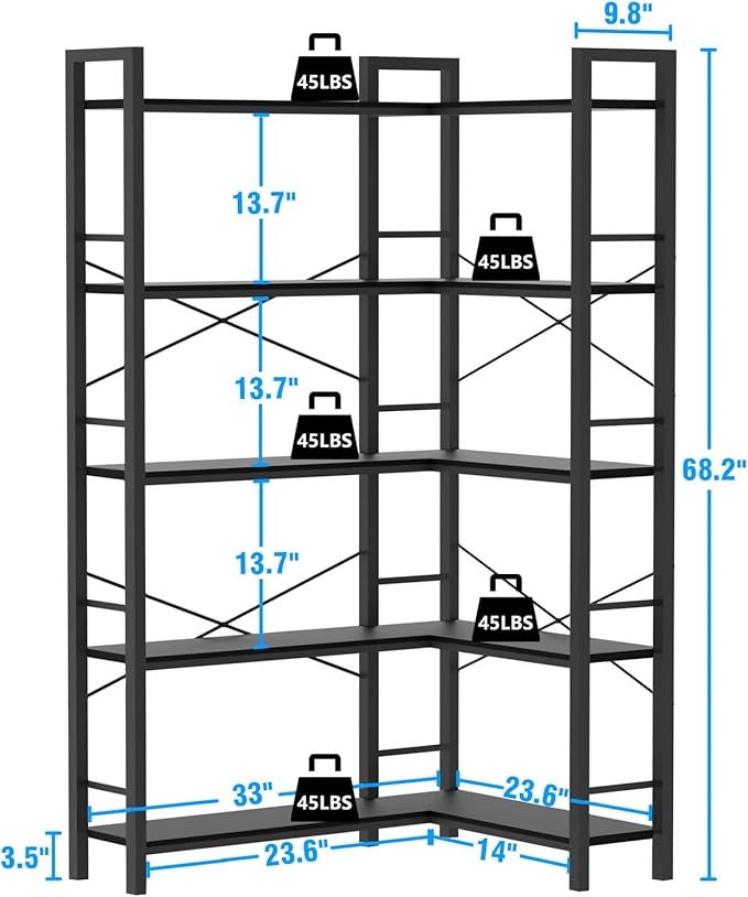 5-Shelf Corner Bookshelf, Large Open Shelf Bookcase,Black Metal Frame, L-Shaped Storage Rack with Cross Braces for Living Room Home Office