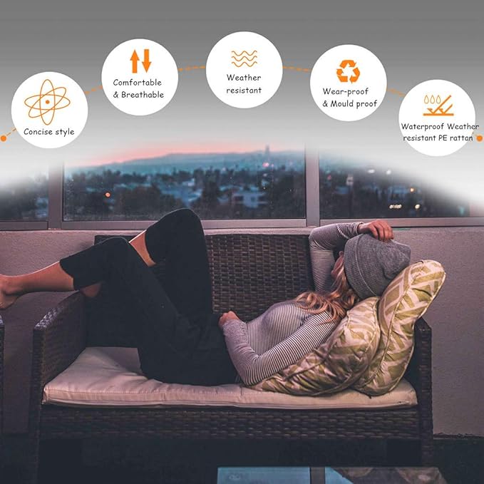 FDW Rattan Furniture Brown Wicker Chair Patio Bristo Set for Outdoor Indoor Use with Loveseats Coffee Table,Khaki Cushion, 4-Pieces