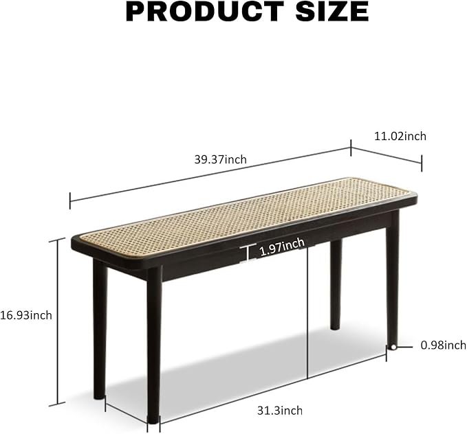 39.4'' Natural Rattan Dining Bench with 100% Solid Oak Wood Bench Frame, Bed End Shoe Ottoman for Kitchen Bedroom Entryway, Black