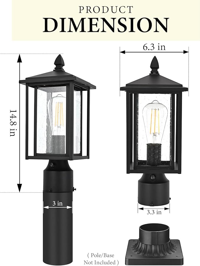 Outdoor Dusk to Dawn Post Light Fixture with Glass, Aluminum Light Post Lamps for Patio, Yard, Garden, Porch