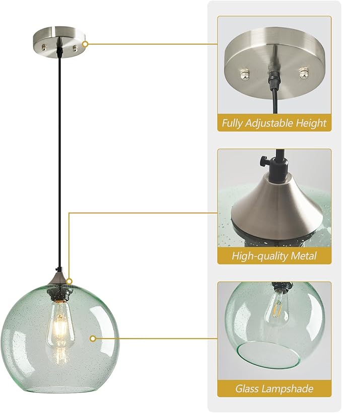 Light Green Glass Pendant Lights Kitchen Island Globe Pendant Light Fixtures Modern Pendant Lighting for Bedroom Living Dining Room Light Fixture (9.84 in, 1 Pack)
