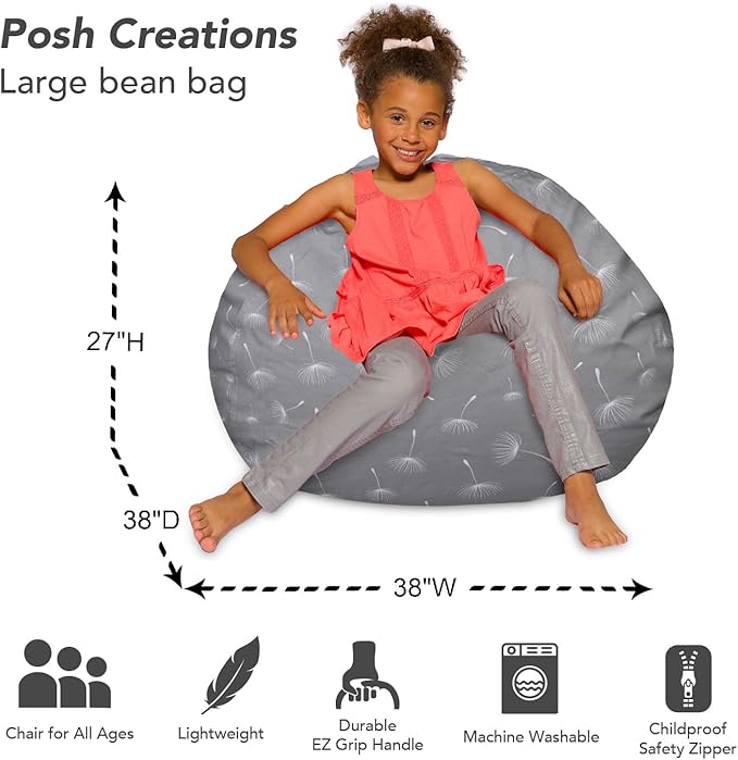 Posh Creations Bean Bag Chair for Kids, Teens, and Adults Includes Removable and Machine Washable Cover, Canvas White Dandelions on Gray, 38in - Large
