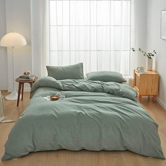 FACE TWO FACE Bedding Duvet Cover Set100% Washed Cotton Duvet Cover Linen Like Textured Breathable Durable Soft Comfy (King, Reversible Green)