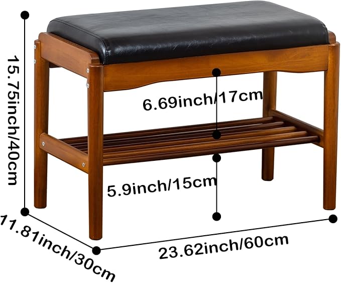 Shoe Bench, Entryway Bench, Wood 2-Tier Shoe Rack with Cushion Padded Seat Shoe Organizer (23.62",Black)