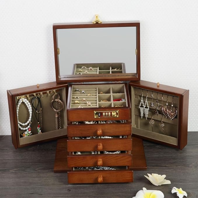 FEECOZ Wooden Jewelry Box for Women, Jewelry Storage Box with Combo Lock for Jewelries, Necklaces, Rings, Vintage Style 4-drawer Organizer Box with Mirror (Dark Brown)