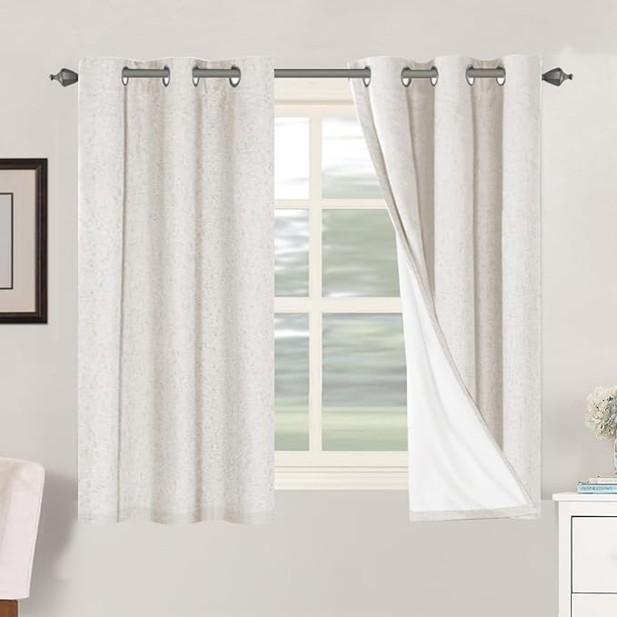 H.VERSAILTEX Primitive Linen Curtains 100% Blackout Curtain Drapes Burlap Fabric Curtains with White Thermal Insulated Liner, Grommet Top Drapes Living Room/Bedroom (2 Panels, 42 x 54 Inch, Ivory)