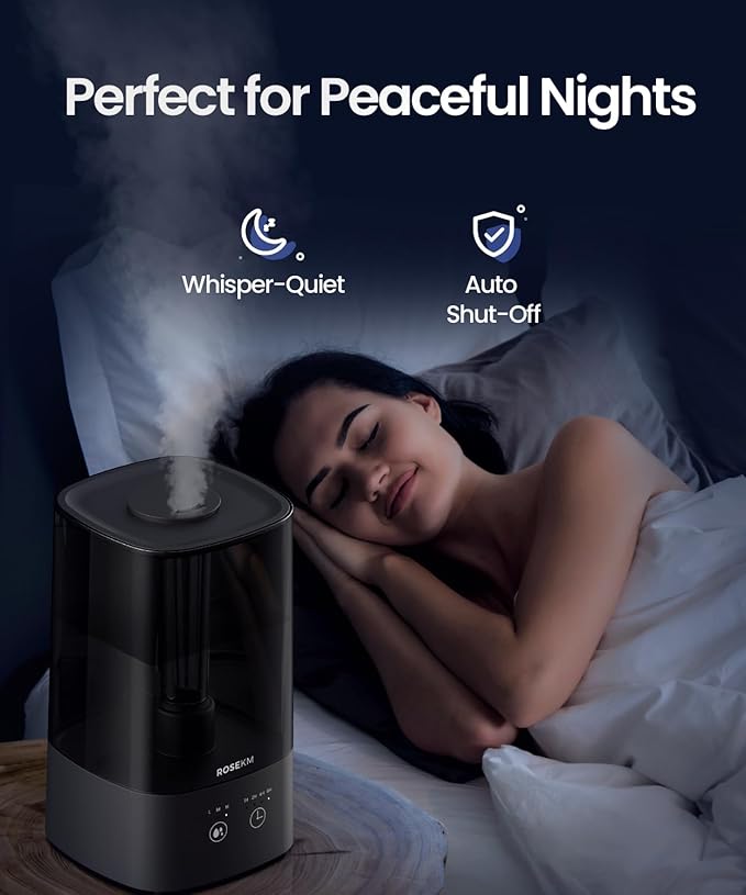 4.5L Humidifiers for Bedroom, Humidifiers for Home Large Room, Cool Mist Humidfiers for Baby and Plant with Timer, Adjustable Mist Level, 360° Nozzle, Auto Shut-Off, Black
