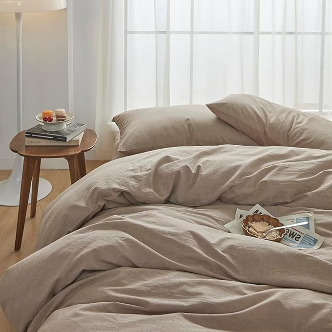 FACE TWO FACE Bedding Duvet Cover Set 3 Pieces 100% Washed Cotton Duvet Cover Linen Like Textured Breathable Durable Soft Comfy (California King, Khaki)