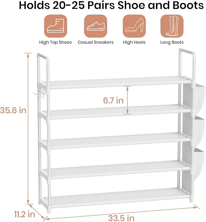 Shoe Rack for Closet Shoe Organizer Space Saver Storage for 20-25 Pair Shoe Shelf with Hook and Side Pocket Free Standing 5 Tier Shoe Rack Organizer for Entryway,Small Spaces, White