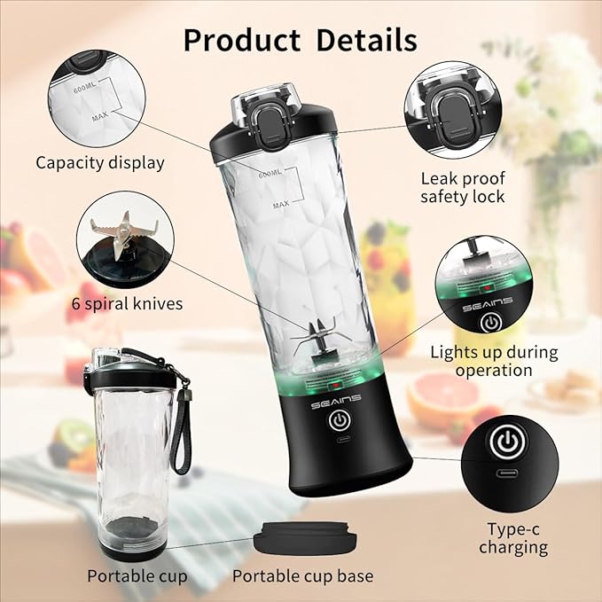 Portable Blender with 20 Oz Travel Cup, 6 Blades, USB Rechargeable for Shakes, Smoothies, Gym, Kitchen and Outdoors (Black)