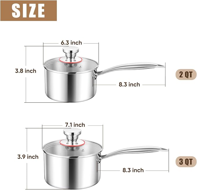 E-far Stainless Steel Saucepan Set - 2Qt & 3 Qt, Triply Sauce Pan Pot with Lid for Cooking Pasta Warming Milk Boiling Water, Small Metal Cookware for Kitchen, Induction Ready & Heavy Duty