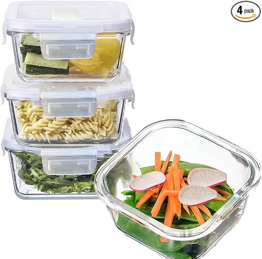 Square Glass Food Storage Containers, Small Square Storage Containers With Airtight Lids, 2Cup Glass Meal Prep Bowls, Leak-proof lunch Bowls, Dishwasher Microwave Freezer Safe -(White)