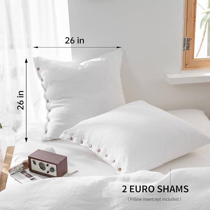 Simple&Opulence 100% Washed Linen Euro Sham Cover, 26 x 26 Inch, Decorative Bed Pillow Cover with Coconut Button, Solid Color Pillow Shams Set of 2 (White)