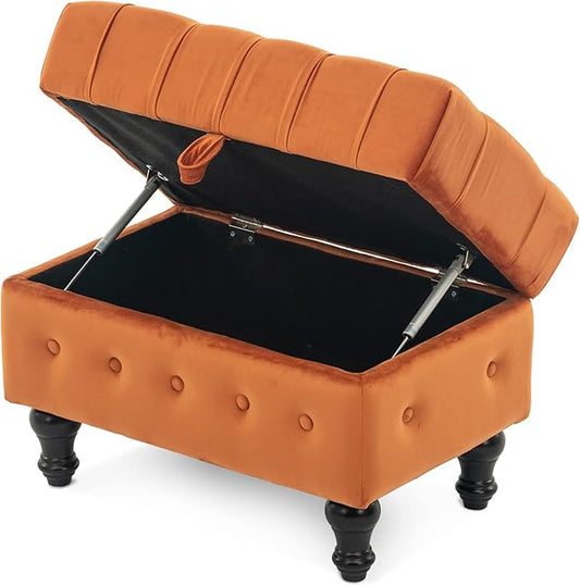 Artechworks Rectangular Storage Coffee Table Ottoman,Button Tufted Velet Upholstery Footstool Bedroom Ottoman for Living Room, Home Office, Space-Saving Storage Toy Box Stool, Caramel