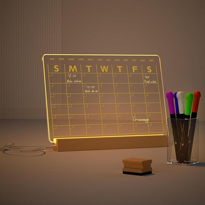 Light Up Clear Dry Erase Calendar 13 x 9 inch with 5 Markers, Acrylic Lighting Markable Calendar Board Agenda for Bedroom/Office/Home/Kitchen