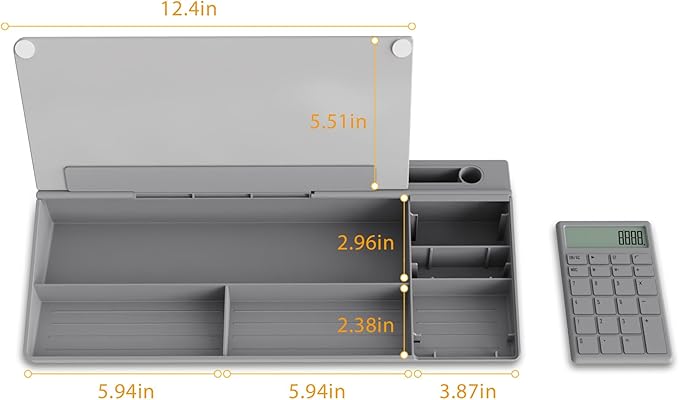 TOWON Desktop Glass Whiteboard with Basic Calculator, 12 Digit LCD Display, Desk Organizers with Accessories for Office, Home, School Supplies, Storage with Dry Erase Board Surface, Gray, 18'' x 6''
