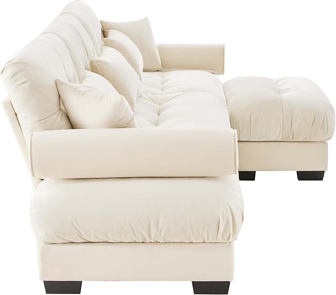 Ball & Cast 130" Oversized Modular Sofa,L Shaped 3-Seater Couch Sectional Couch with Round Bolster Armrests and 5 Pillows,Fluffy Velvet Deap Seat Couches w/Ottoman,for Living Room,Convertible,Cream
