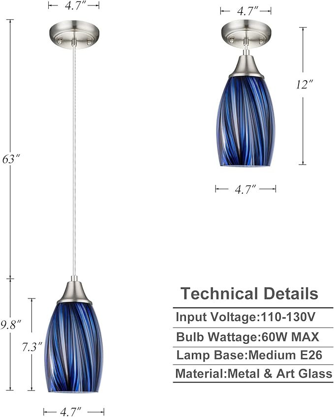 Dark Blue Glass Mini Pendant Lights for Kitchen Island 3Pack Blown Art Glass Pendant Lighting Shade Hanging Pendant Lights with Brushed Nickel Finish for Kitchen Over Sink,Dining Room