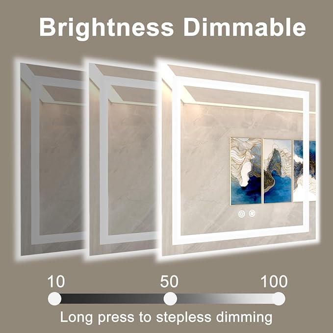 32 X 32 Inch Square LED Bathroom Vanity Mirror, 3 Colors Light Dimmable, Wall Mounted Memory Lighted Makeup Mirror with Anti-Fog Touch Switch (Front-lit&Backlit)