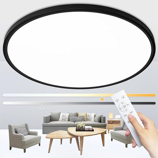 24 Inch Flush Mount Ceiling Light Fixture Dimmable with Remote Control, 56W, 5600 Lumen, Modern, Round, Black, for Kitchen, Dining Room, Bedroom, Living Room, Home Office