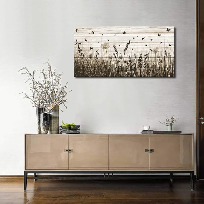 Wildflower Wall Art Autumn Canvas Picture Butterfly Grass Dandelion Artwork Vintage Wooden Board Painting Prints for Bedroom Living Room Office Home Kitchen Wall Decor Framed Ready to Hang 20" x 40"