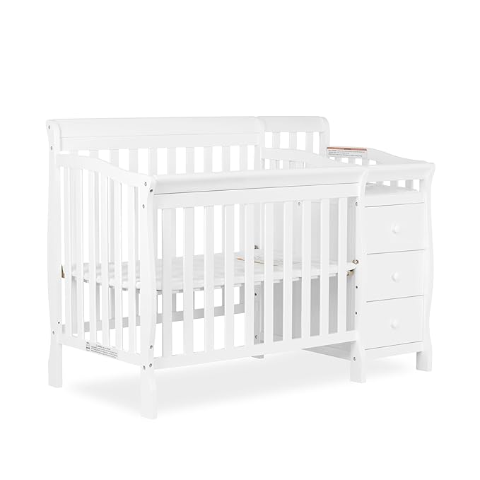 Dream On Me Jayden 4‑in‑1 Mini Convertible Baby Crib & Changer with Storage in White, Pinewood, GreenGuard Gold & JPMA, 1” Mattress Pad, 3 Mattress Heights, Converts to Mini Day & Twin-Size Bed