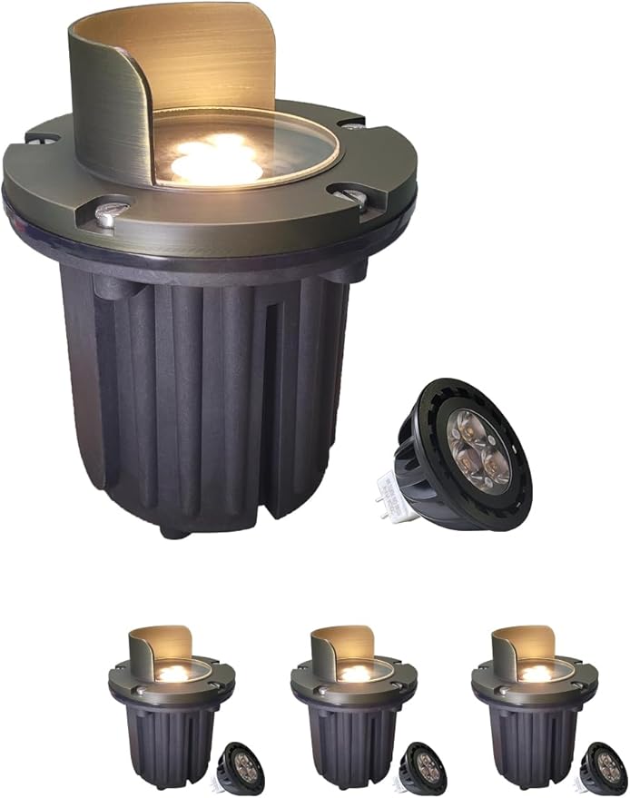 MALORY Brass Top Cover Landscape Well Lights,(6''H) 12V Low Voltage Outdoor In Ground Lights,Anti-Glare Landscape Lighting with 5W 450ML MR16 for Pathway, Driveway (Shield Top, 4-Pack with Bulb)