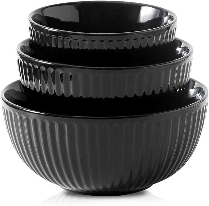 Hasense Small Mixing Bowls of 3, Porcelain Ribbed Black Bowls 1.5/1/0.5 Qt For Kitchen, Cooking, Baking and Serving Prep Bowls for Salad, Pasta, Modern Kitchen Dish Dishwasher & Microwave Safe
