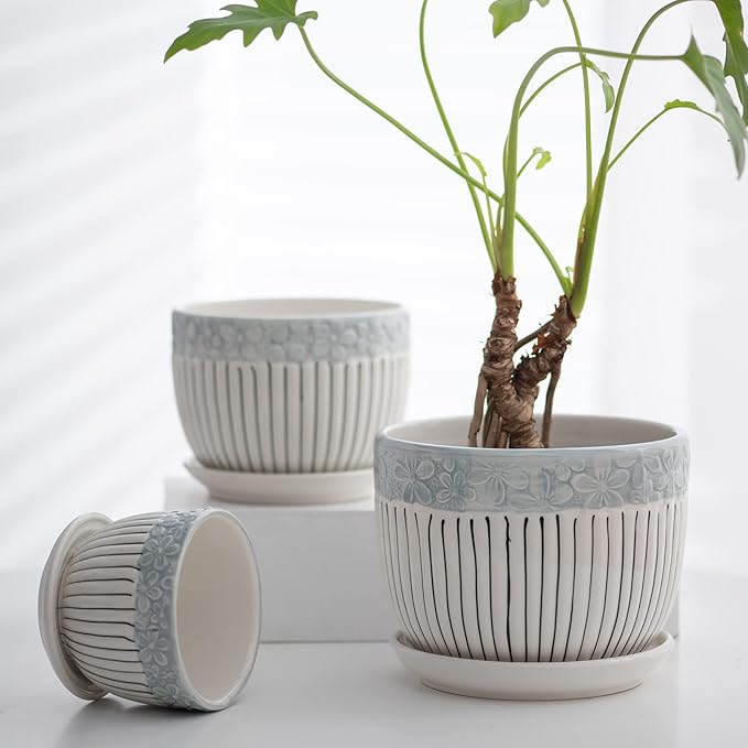 Ton Sin Grey Flower Pots,Texture Planter for Indoor Plants Set of 3 Ceramic Flower Pots with Saucer,Cute Garden Pots Succulent Pots（3 Pack,Grey