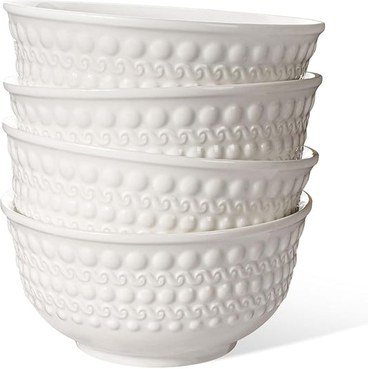 Cereal Bowls Set of 4 - Ceramic Soup Bowls for Kitchen 30 Oz Embossment White Breakfast Bowls for Rice, Pasta, Fruits, Salad, Ramen, 6.25 Inch, Dishwasher & Microwave Safe (Auspicious Clouds)
