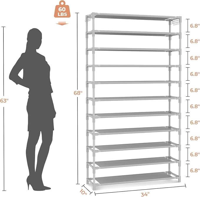11 Tiers Tall Wide Shoe Rack 55 Pairs Large Capacity Sturdy Durable Shoe Rack for Closet Metal Shoe Organizer Shelf with Two Hooks Space Saving for Entryway Grey