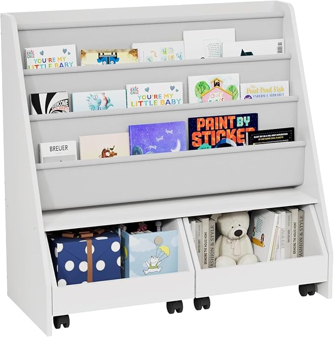 Kids Bookshelf with Two Movable Drawers Toddler Bookcase with Toy Storage Organizer Child Sling Book Rack Baby Cabinet Chest with Wheels for Nursery,Playroom,Bedroom,Living Room,Classroom