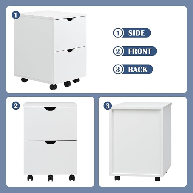 HollyHOME Under Desk Cabinet, Deep 2-Drawer Mobile Wood Cabinet, Storage Drawer for Home, Rolling Shelf for Office, Rolling Printer Stand, for A4, Modern, White