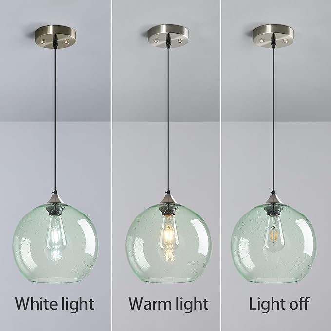 Light Green Glass Pendant Lights Kitchen Island Globe Pendant Light Fixtures Modern Pendant Lighting for Bedroom Living Dining Room Light Fixture (9.84 in, 2 Pack)