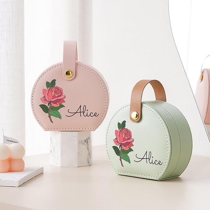 Personalized Travel Jewelry Case, Custom Leather Customized Jewelry Organizer Box w/Name & Birth Flower Month - Birthday Gifts for Women Mom Jewelry Travel Case