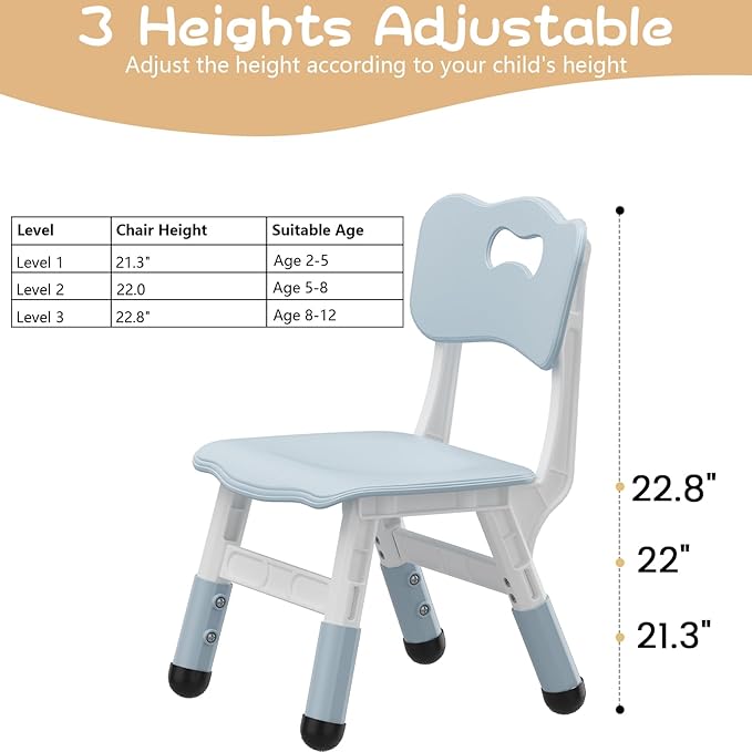 GAOMON Kids Chairs Set of 2, 3 Level Height Adjustable Kid Chair, Plastic Toddler Chairs for Children Boys Girls Age 2-6, Suitable for Home Family Classroom Nursery Indoor Use, Gray Blue