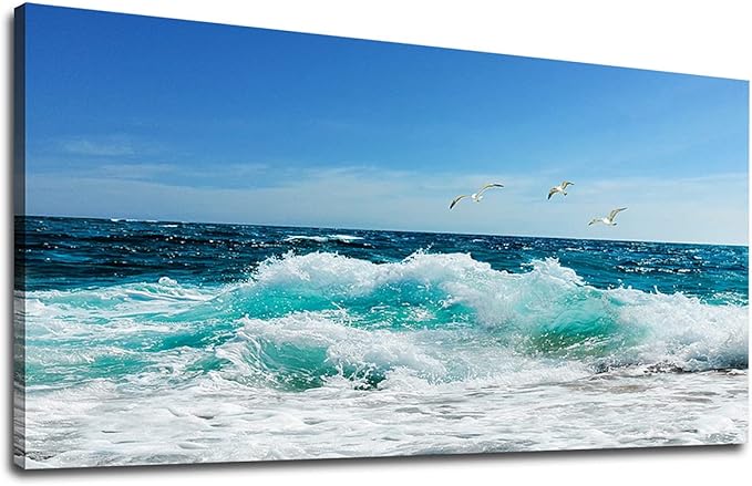 tigeridge Sea Beach Canvas Wall Art for Living Room Wall Decor Ocean Waves Canvas Pictures Blue Surfing Water Seagull Canvas Prints Artwork Office Home Wall Decorations Framed Ready to Hang 24" x 48"