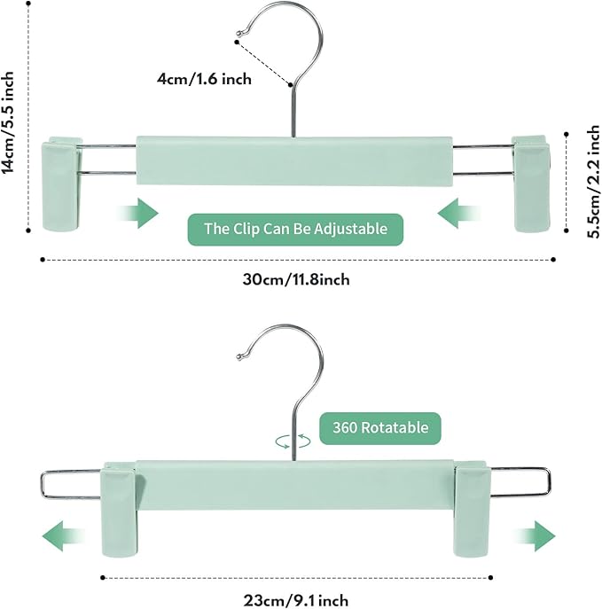 Skirt Hangers，Pants Hangers with Clips，360 ° Swivel Hooks Space Saving Hangers for Pants, Skirts, Clothes, Jeans (10Pack, Light Green)