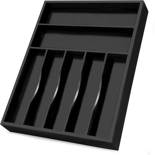 Bellsal Black Utensil Organizer 12.5 Inch Silverware Tray for Drawer Utensil Holder Cutlery Organizer Kitchen Drawer Organizer 7 Compartment Small Narrow Bamboo