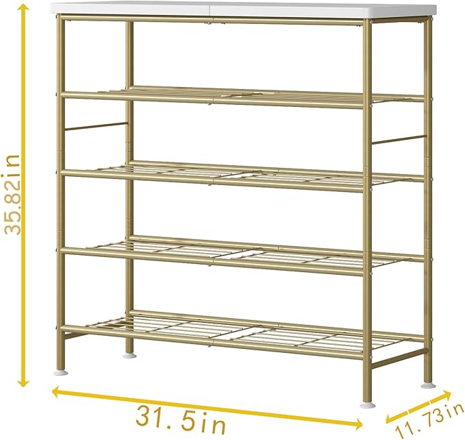 Shoe Rack Organizer 5 Tier for Closet Entryway Free Standing Metal Storage Shoe Shelf with MDF Top Board，Gold